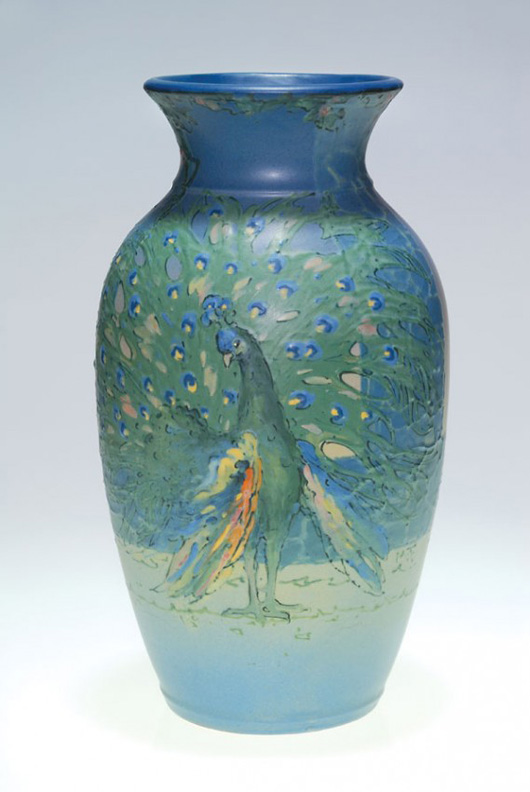 Weller Hudson scenic vase by Mae Timberlake, 12 1/2 inches tall, Estimate: $4,000-$6,000. Image courtesy of Humler and Nolan.